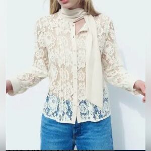 Zara Cream Lace Blouse with Front Tie and Pearl buttons Size M